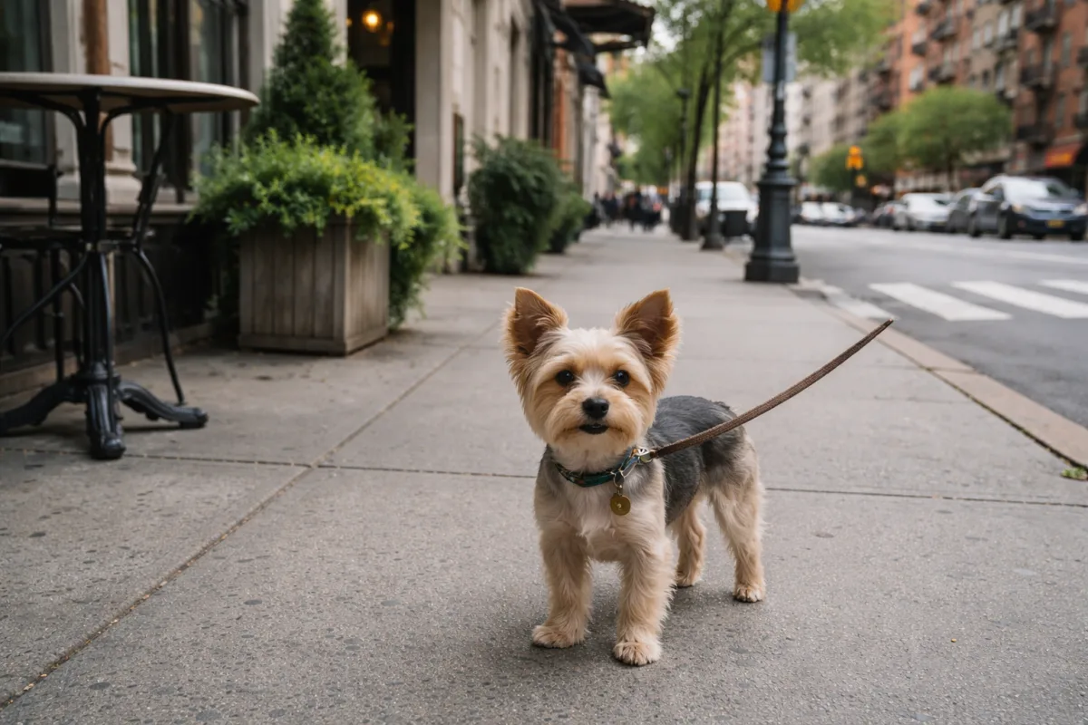 Small city dog with a stylish collar on a sidewalk