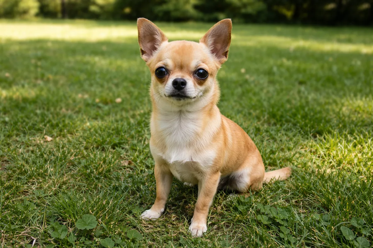 Chihuahua small cute dog sitting on grass