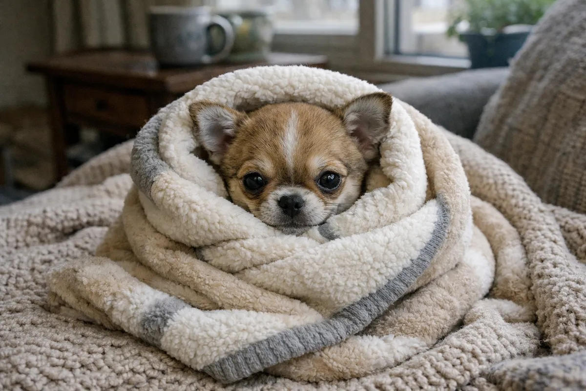 cute Chihuahua puppy wrapped in blanket at home