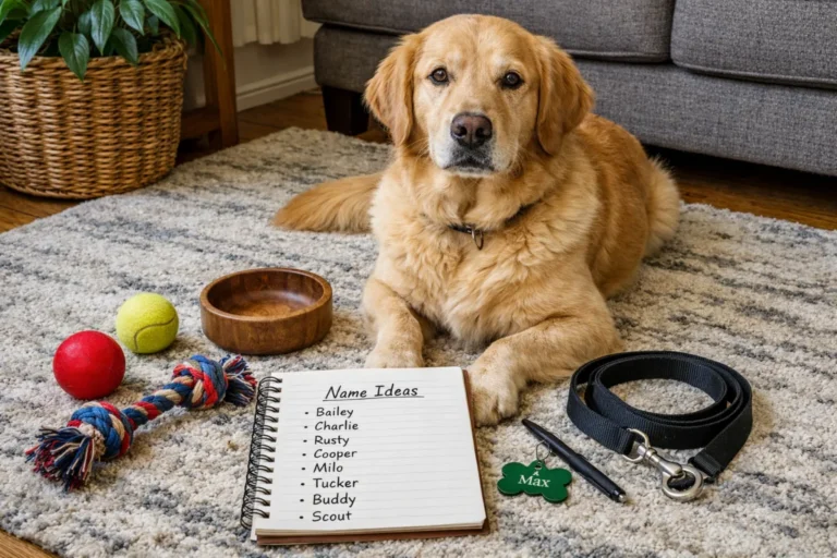 Dog with timeless name list beside them