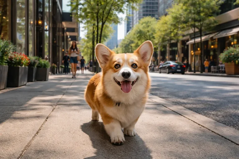 happy corgi walking in city street