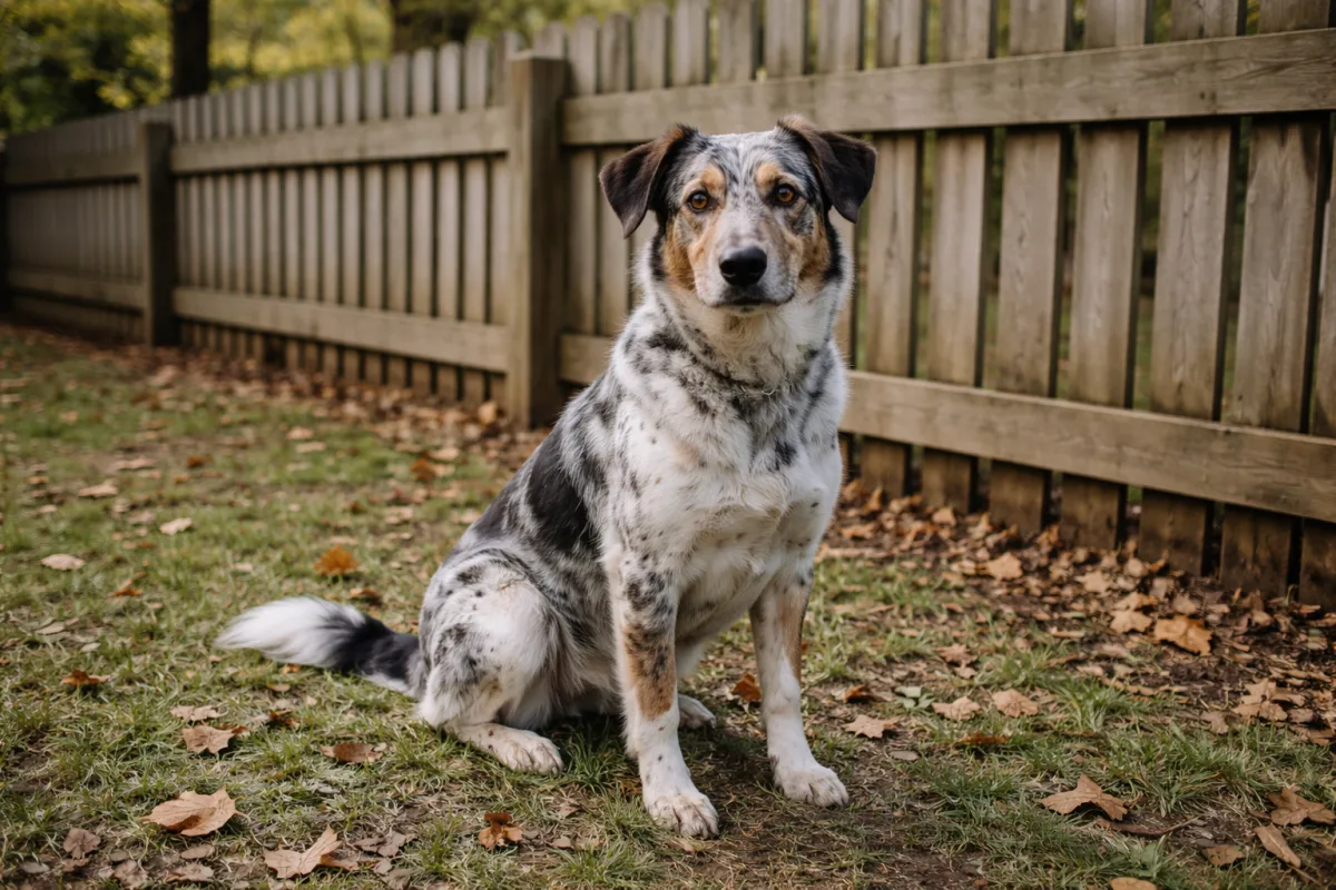 Spotted dog sitting by a wooden fence