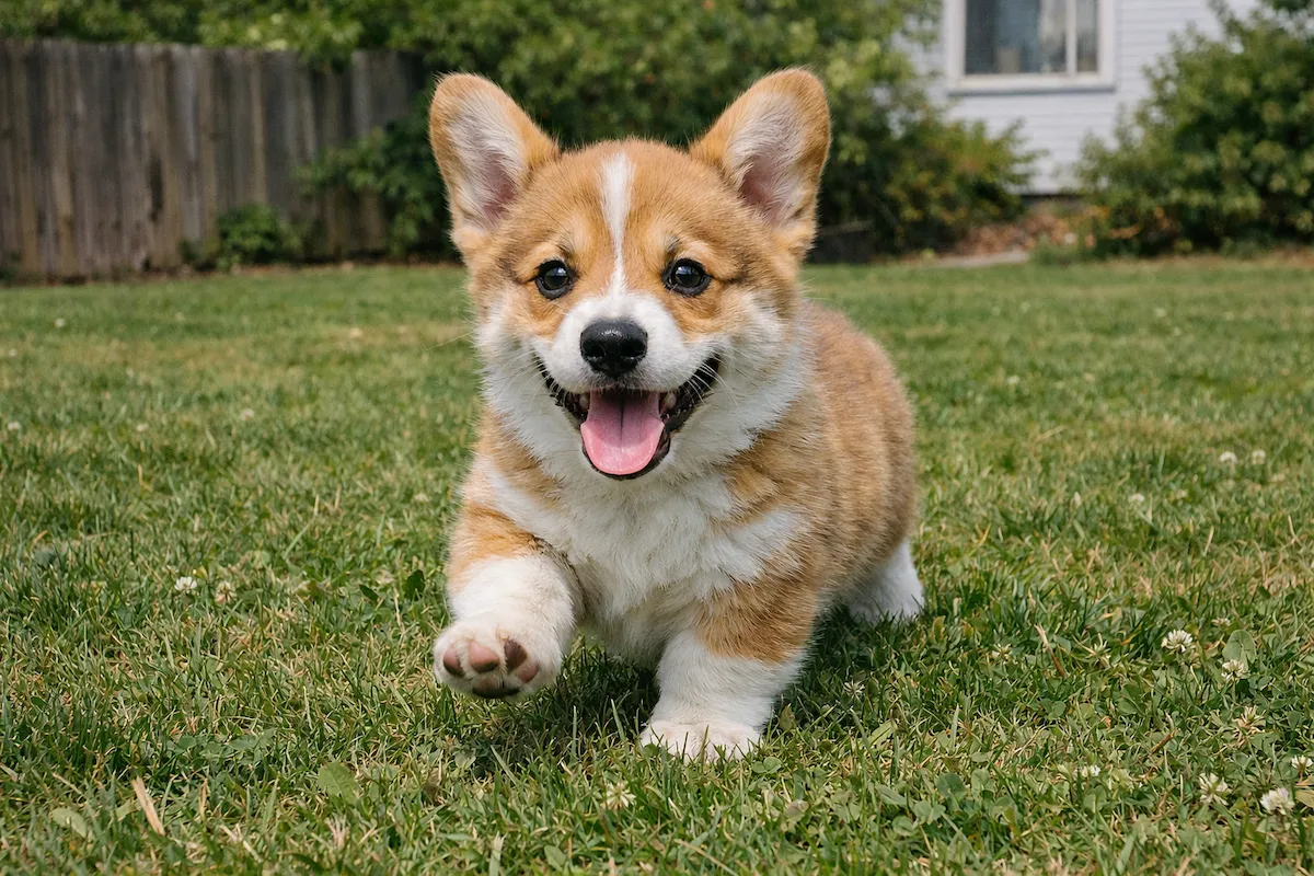 cute corgi puppy playing on grass