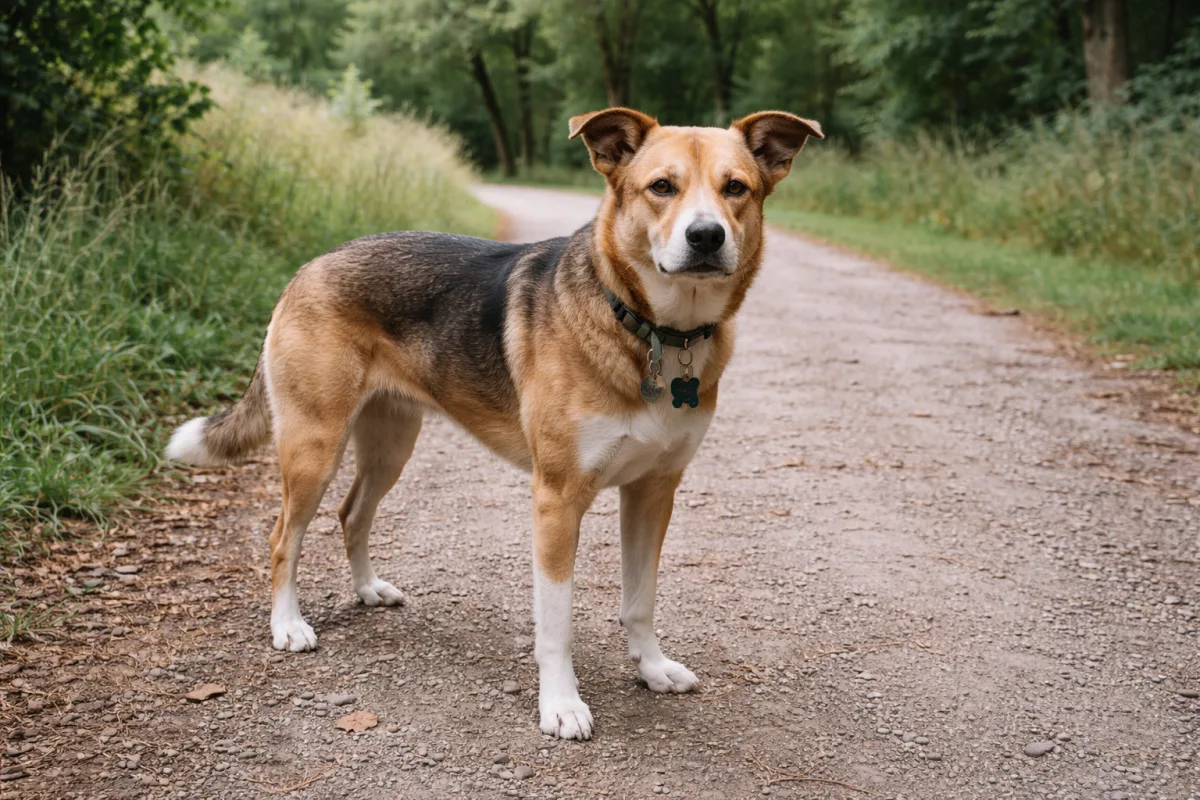 Medium dog standing beside a trail with name tags