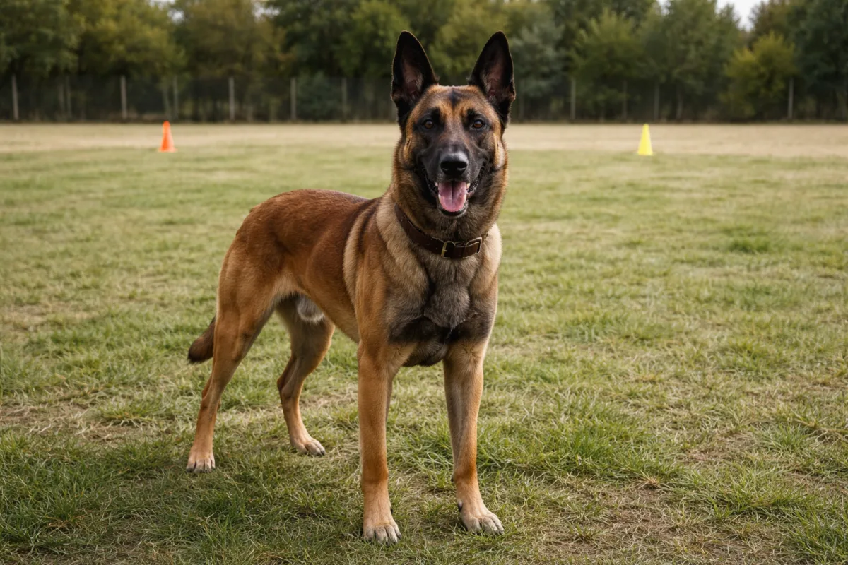 Belgian Malinois standing alert beside a training field