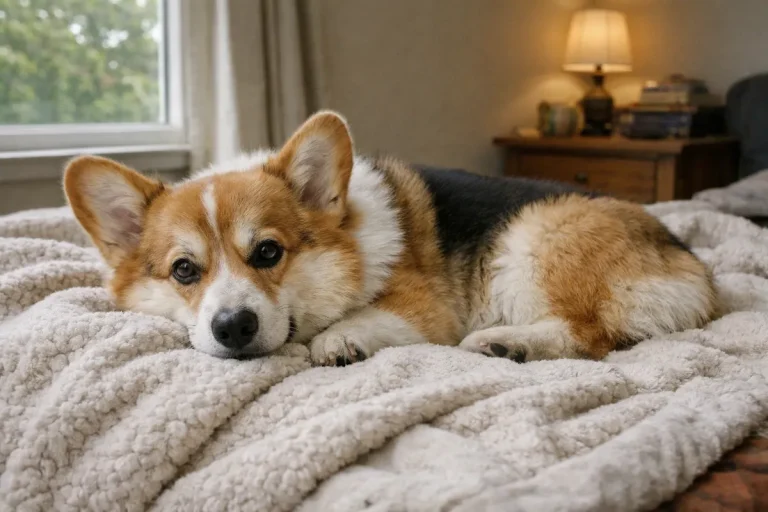 fluffy corgi lying on soft blanket at home