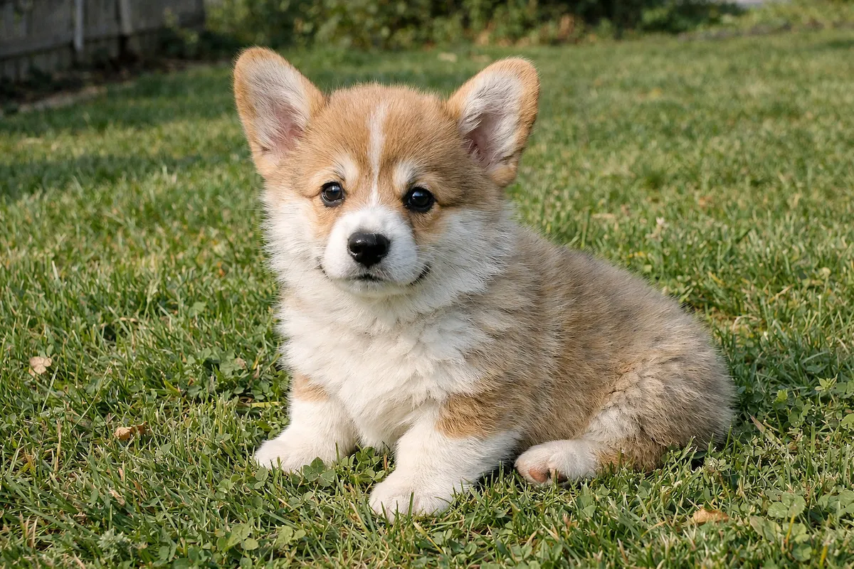 fluffy corgi puppy sitting on grass