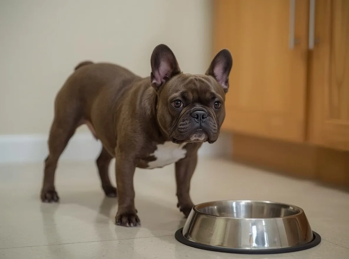 french bulldog standing near food bowl simple home scene