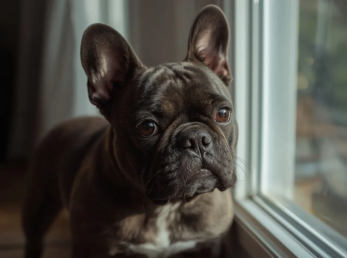 french bulldog standing near window looking outside soft light
