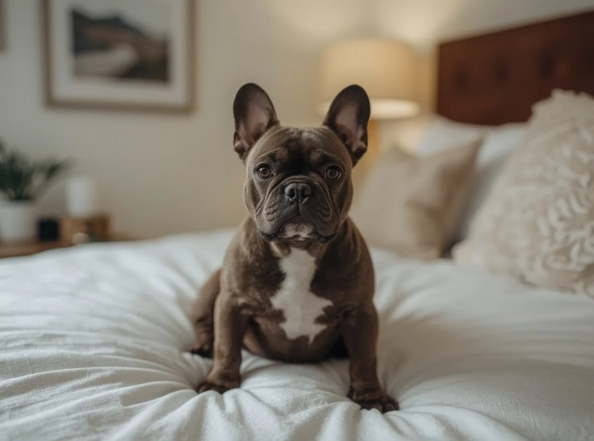 french bulldog sitting on bed cozy indoor environment
