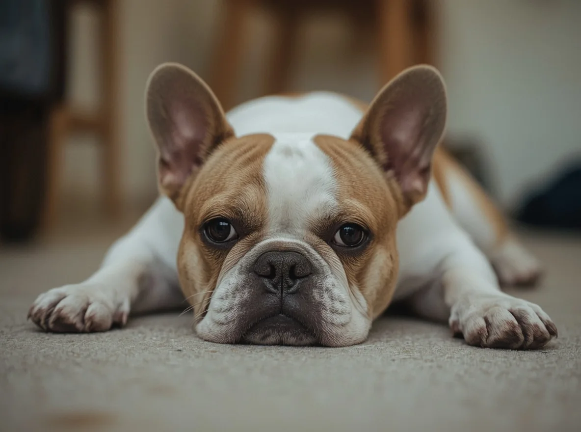 french bulldog lying on floor relaxed calm expression