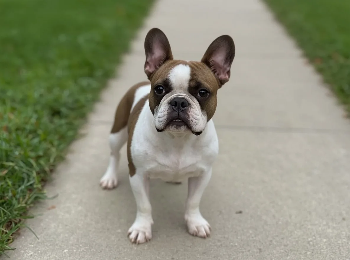 french bulldog standing on sidewalk looking forward urban setting