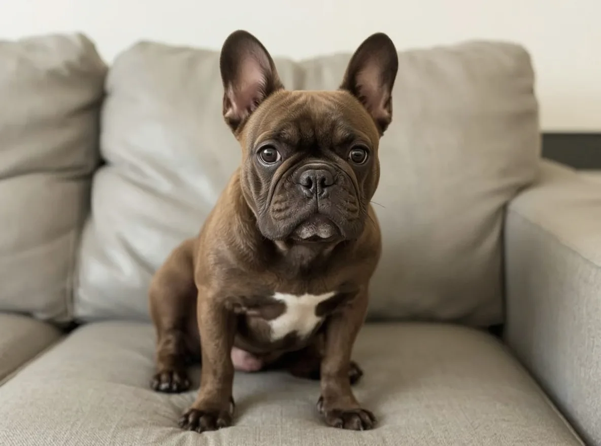 french bulldog sitting on sofa relaxed indoor scene