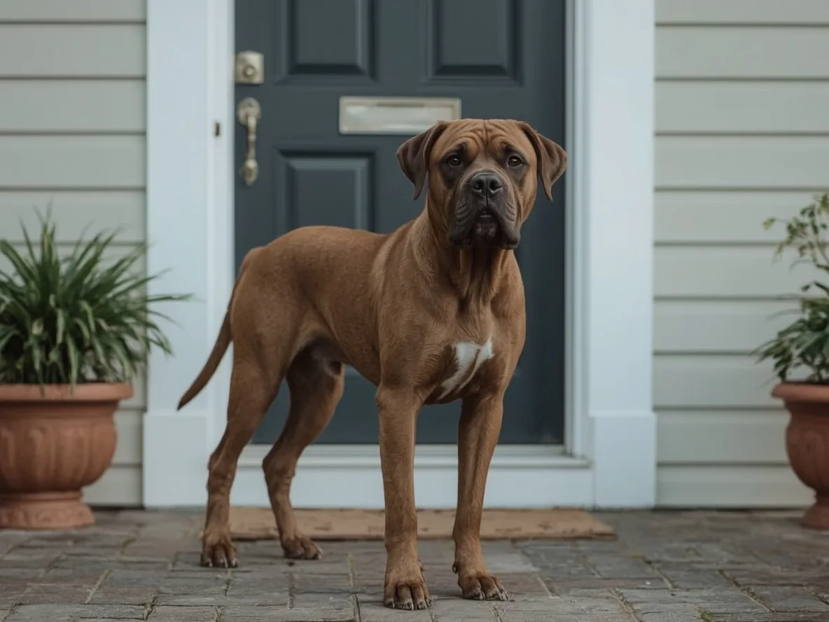 large dog standing near house entrance protective posture
