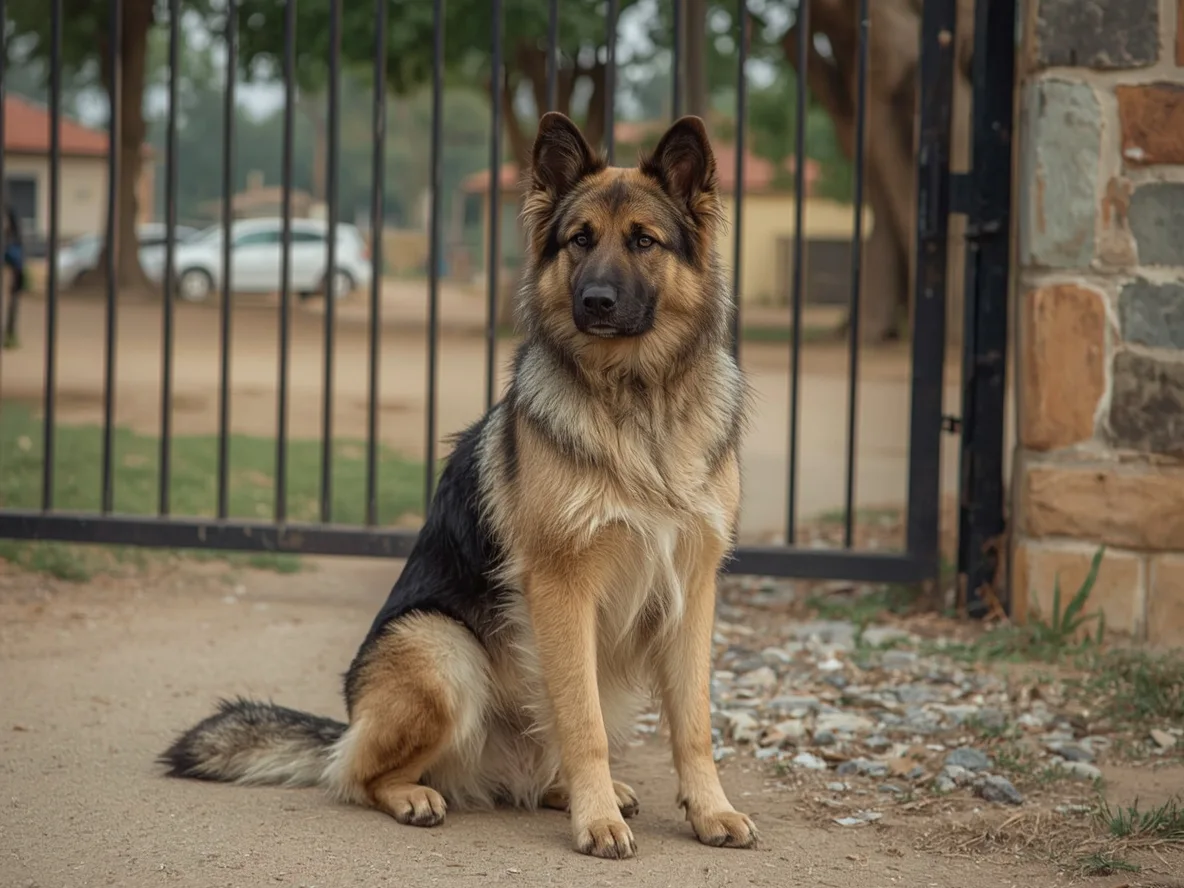 giant dog sitting near gate watching surroundings attentively