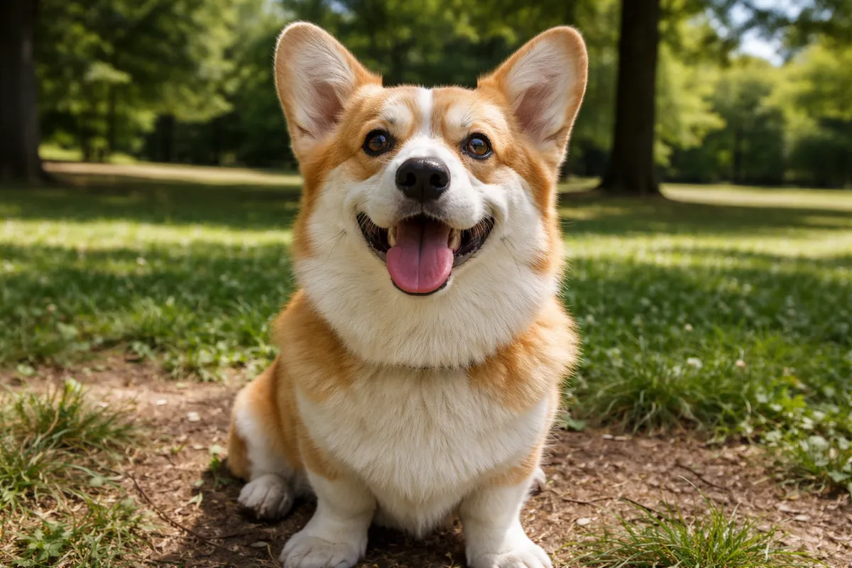happy corgi sitting outdoors smiling