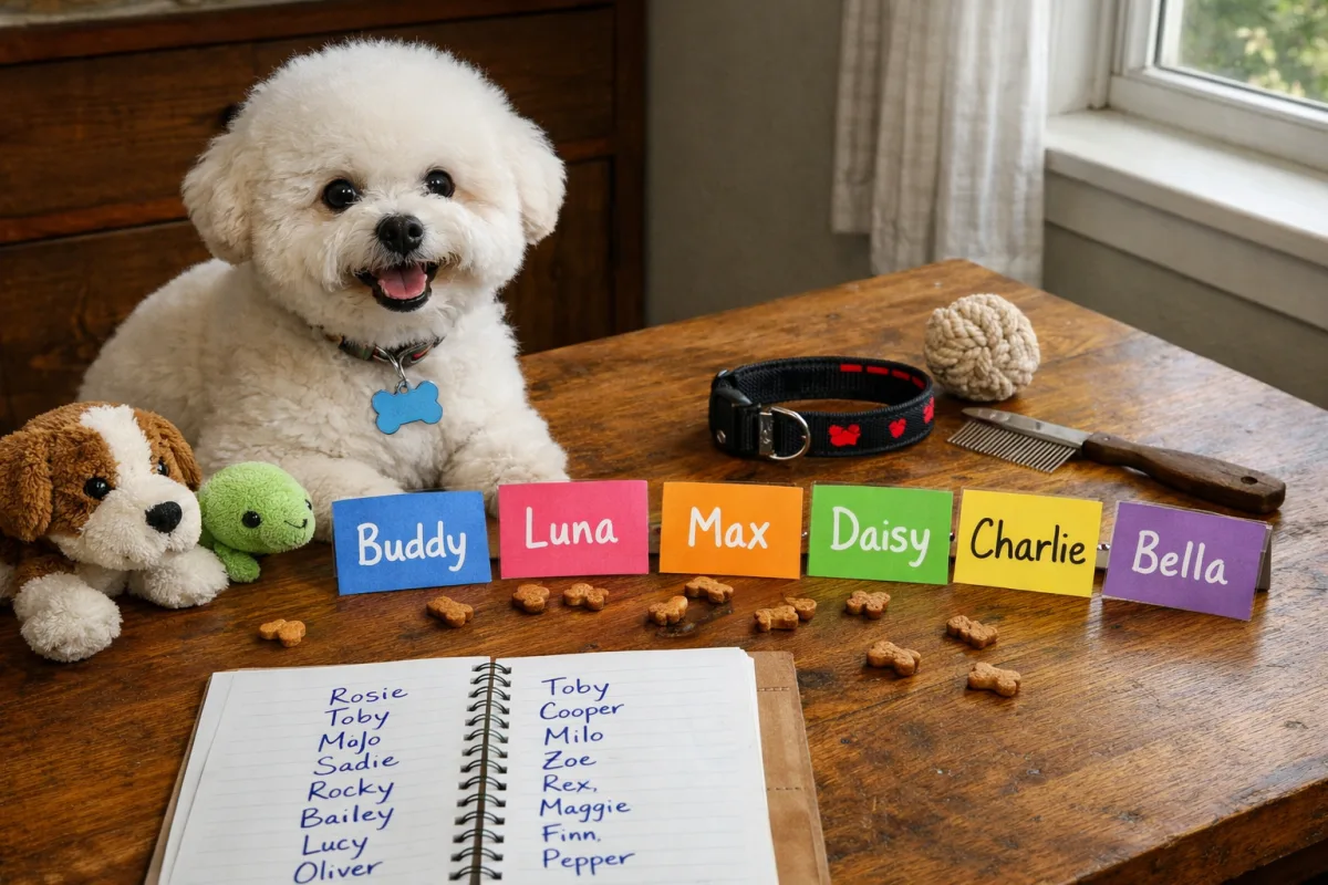 Small fluffy dog with a cheerful name card