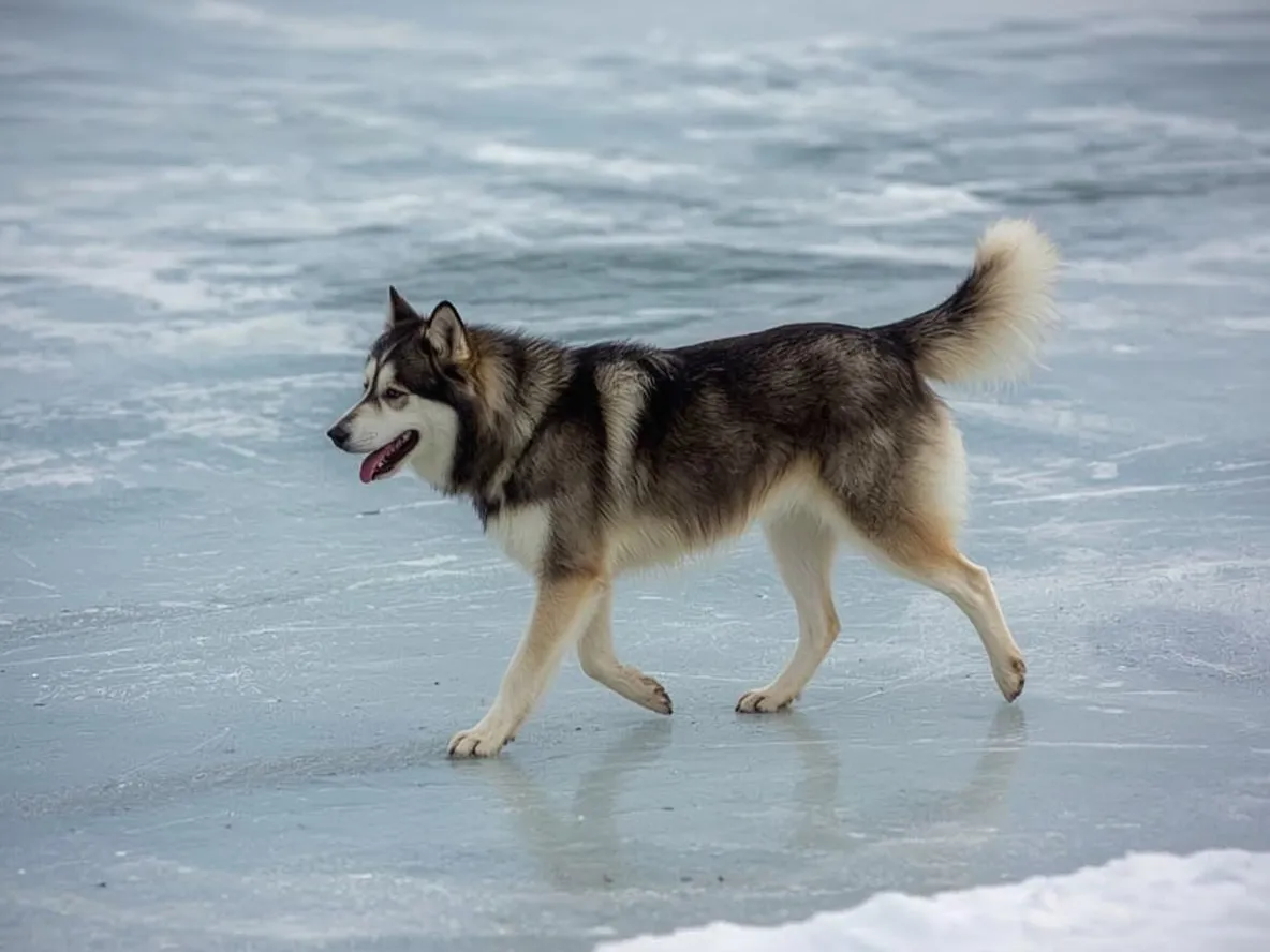 alaskan malamute walking on icy surface near frozen lake winter setting