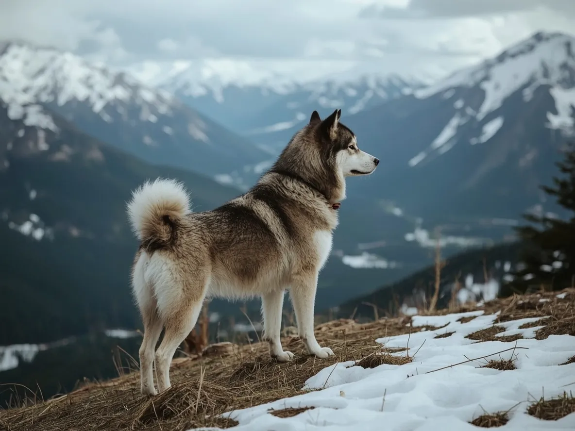 alaskan malamute standing on hill overlooking snowy mountains confident pose