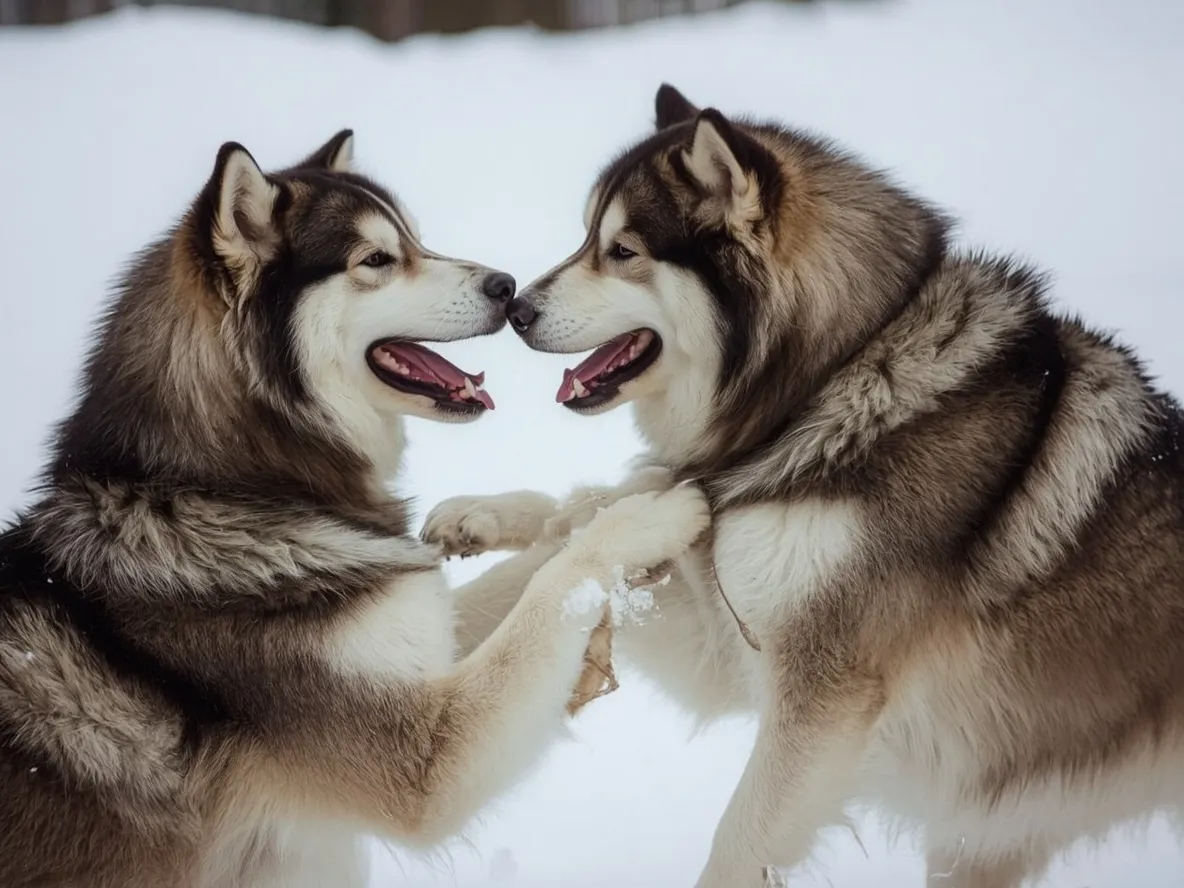 two alaskan malamutes interacting in snow playful but strong behavior