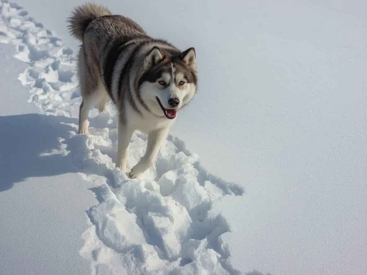 alaskan malamute walking leaving paw prints in fresh snow winter scene