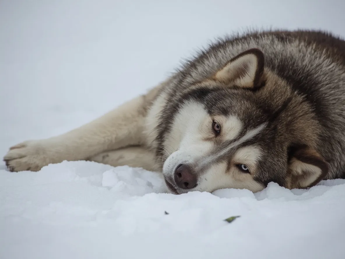 alaskan malamute lying calmly in snow relaxed but alert posture