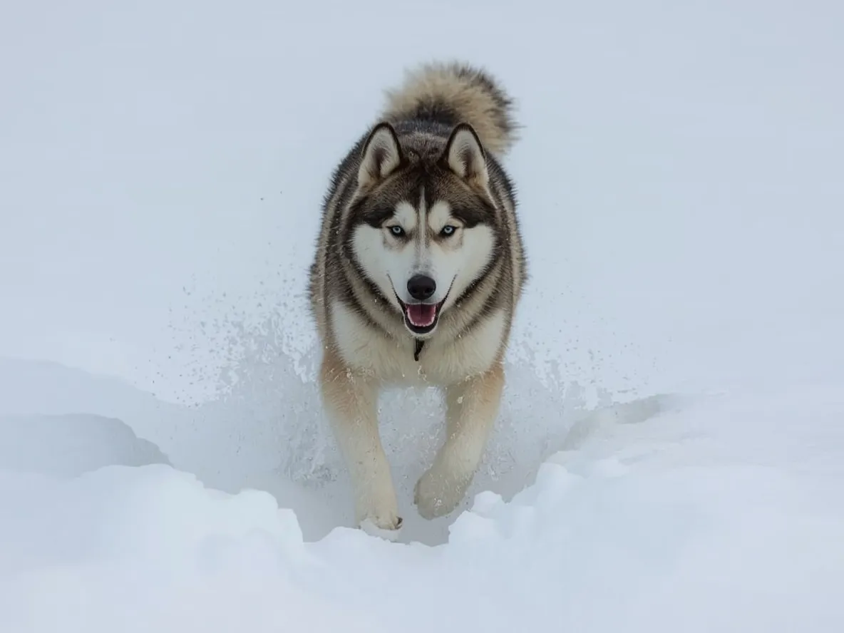 alaskan malamute running through snow in winter landscape strong motion