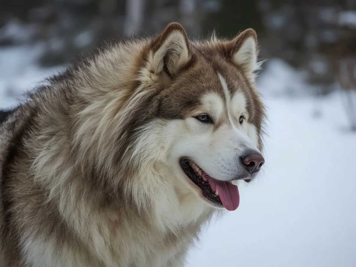 alaskan malamute with thick fur blowing in cold wind outdoor scene