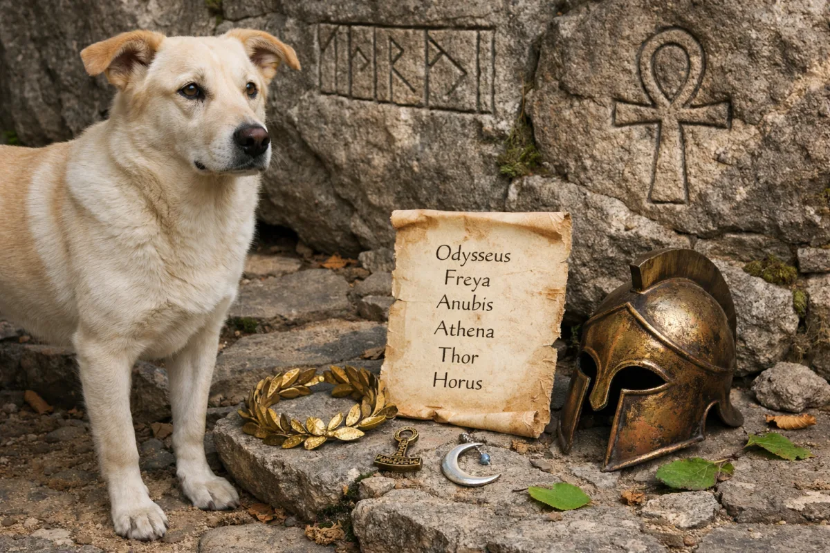 Dog beside ancient stone symbols