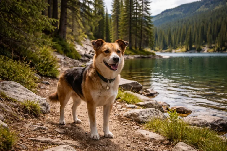 Dog on a trail beside pine trees and a mountain lake