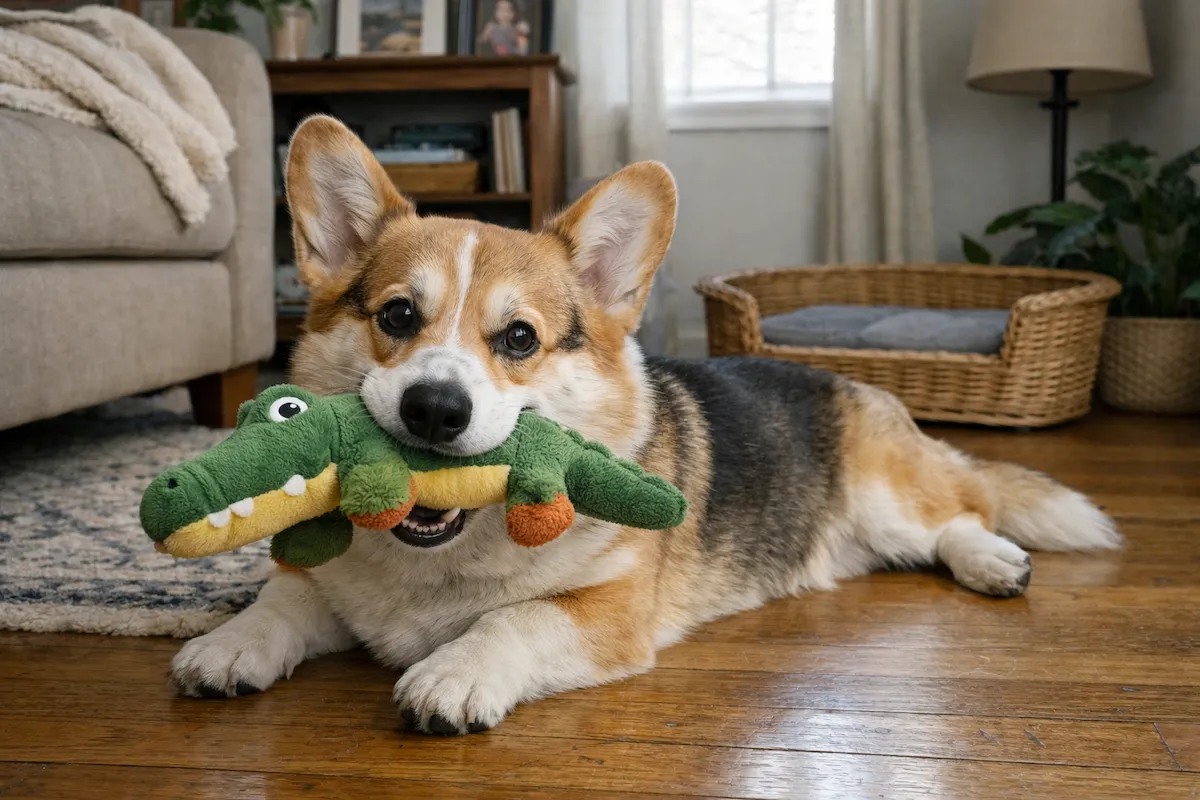 playful corgi with toy at home