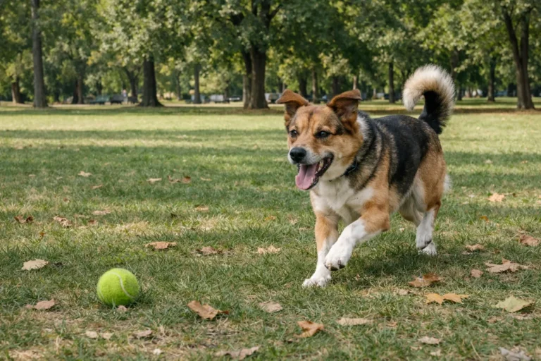 Active medium-sized dog running in a grassy park