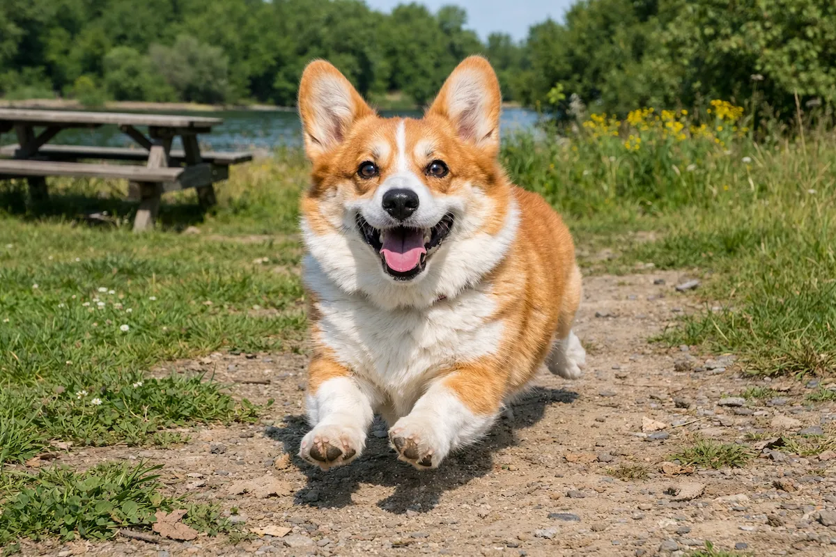 playful red and white corgi running outside