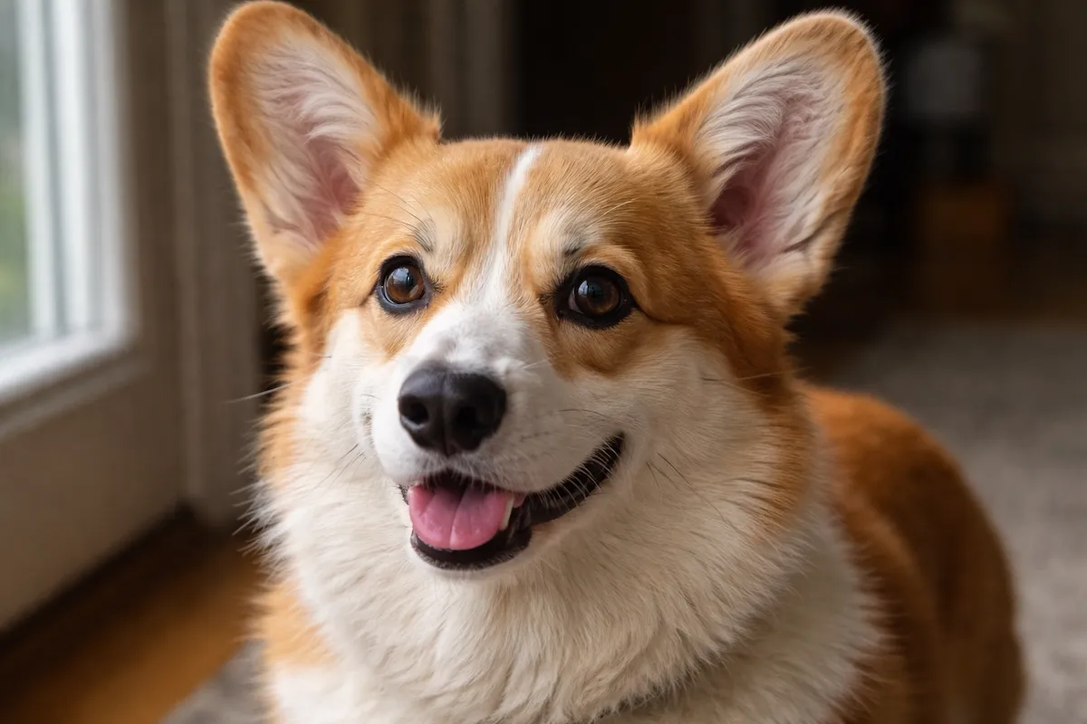close up of red and white corgi face