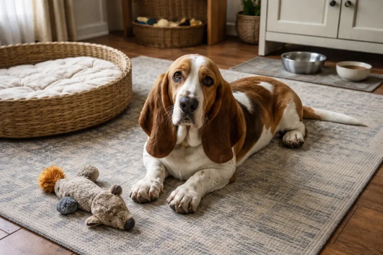 Basset hound with a playful relaxed expression