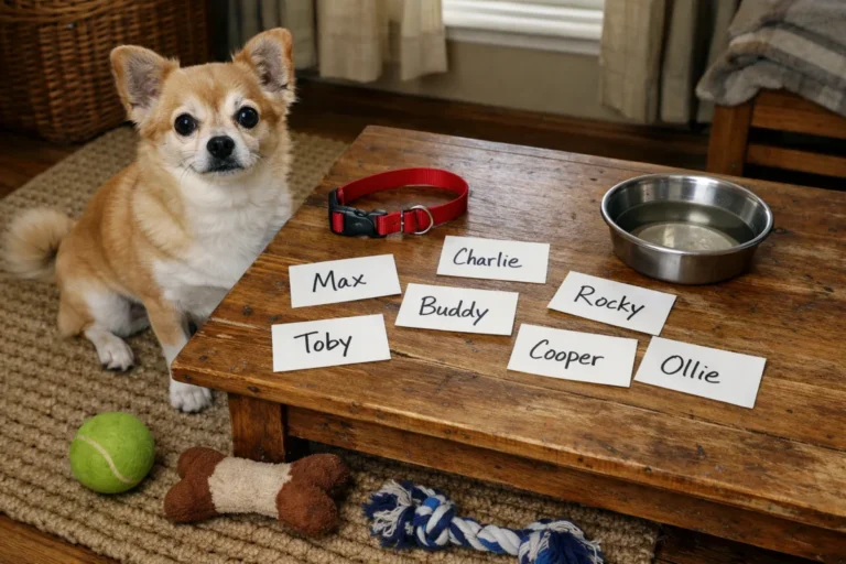 Small dog beside name cards