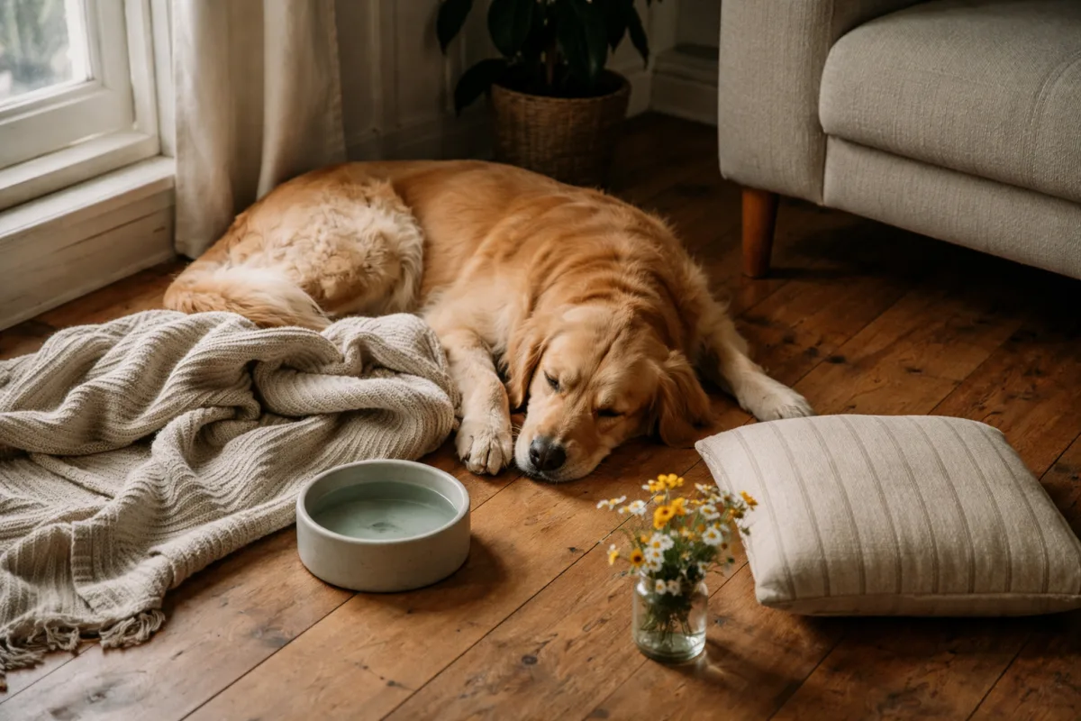 Calm dog beside soft blankets and flowers