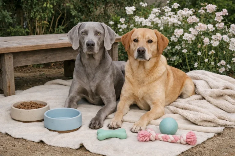Light gray and fawn dogs with pastel-inspired names
