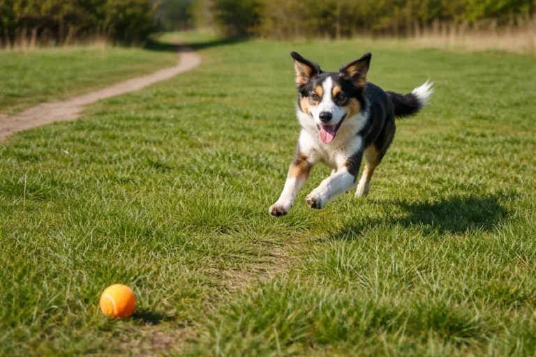 Energetic dog running across a field