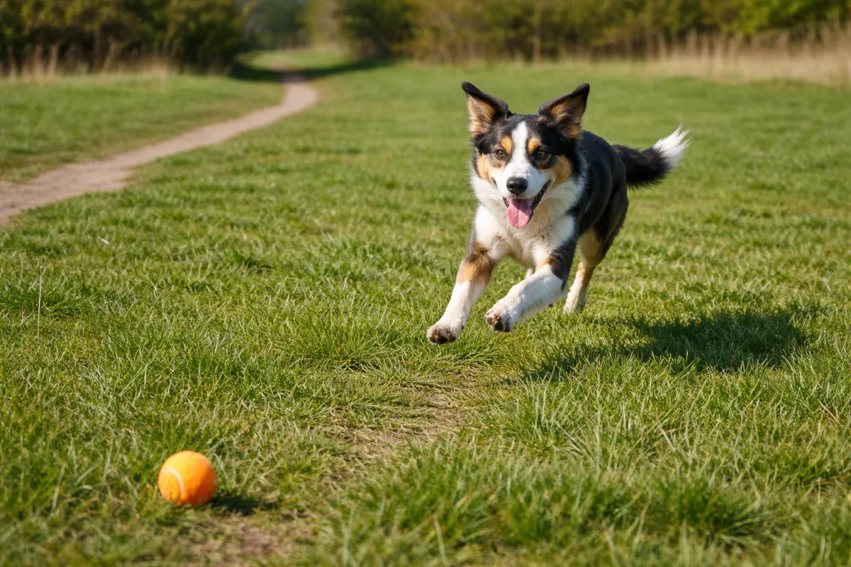 Energetic dog running across a field