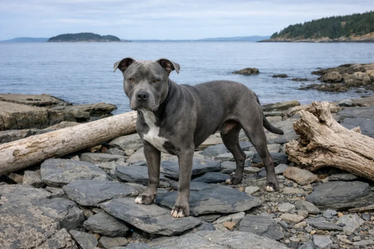 Blue-gray dog beside smooth slate stones