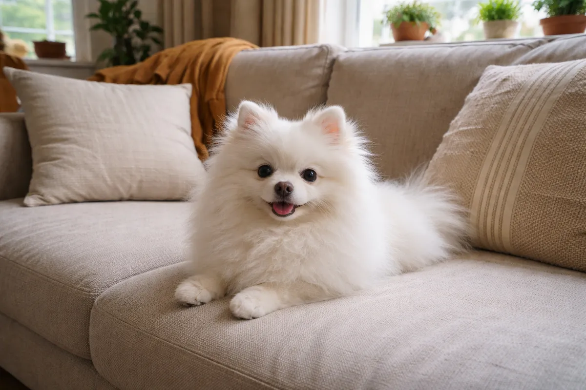 white Pomeranian puppy on a couch at home