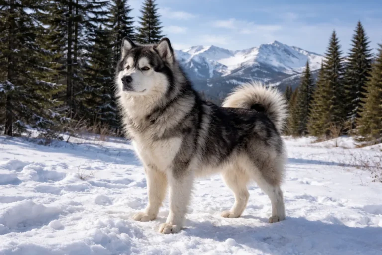 Alaskan Malamute with snowy mountain backdrop