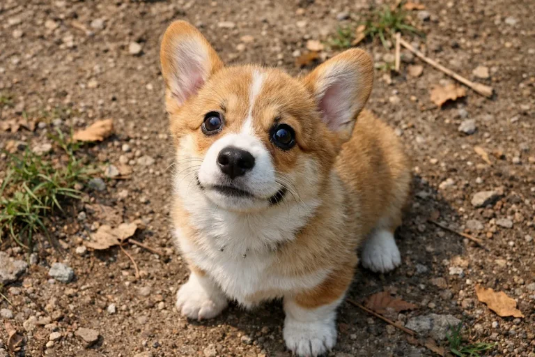 adorable corgi puppy looking up outdoors