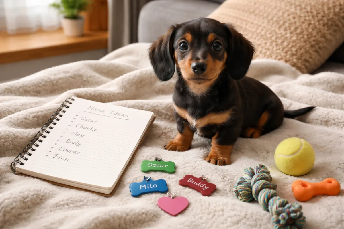 Dachshund with a cozy collection of name tags