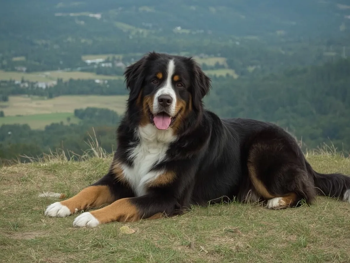 bernese mountain dog lying on hillside overlooking valley relaxed posture