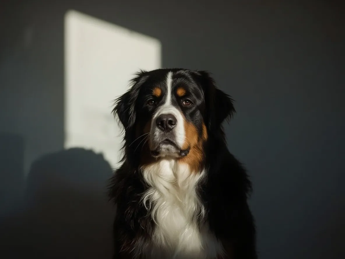 bernese mountain dog half in shadow half in sunlight outdoor contrast