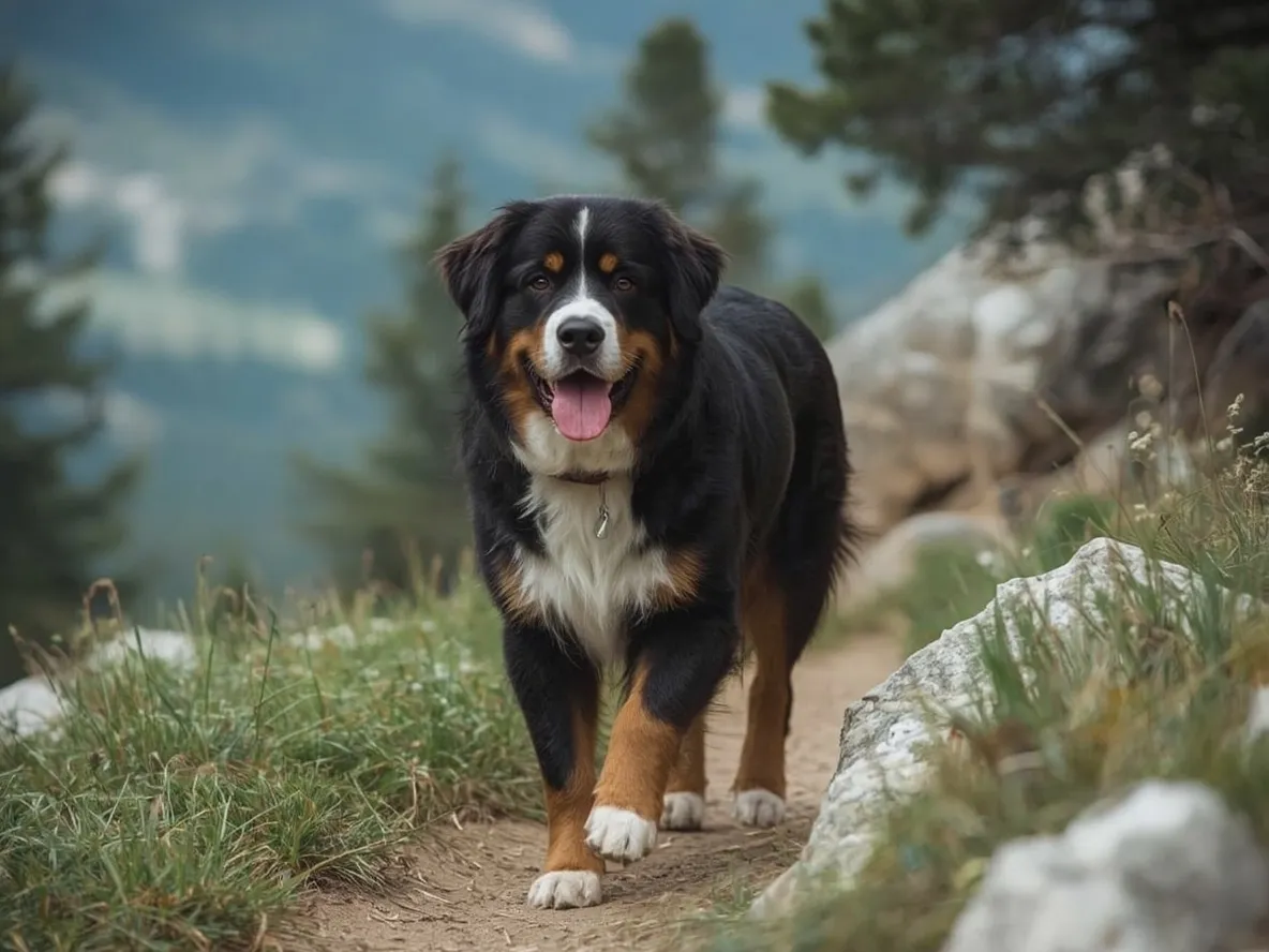 bernese mountain dog walking along mountain trail with calm confident posture