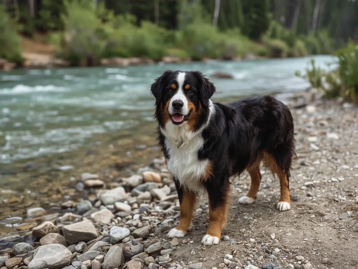 bernese mountain dog standing near riverbank calm natural scene