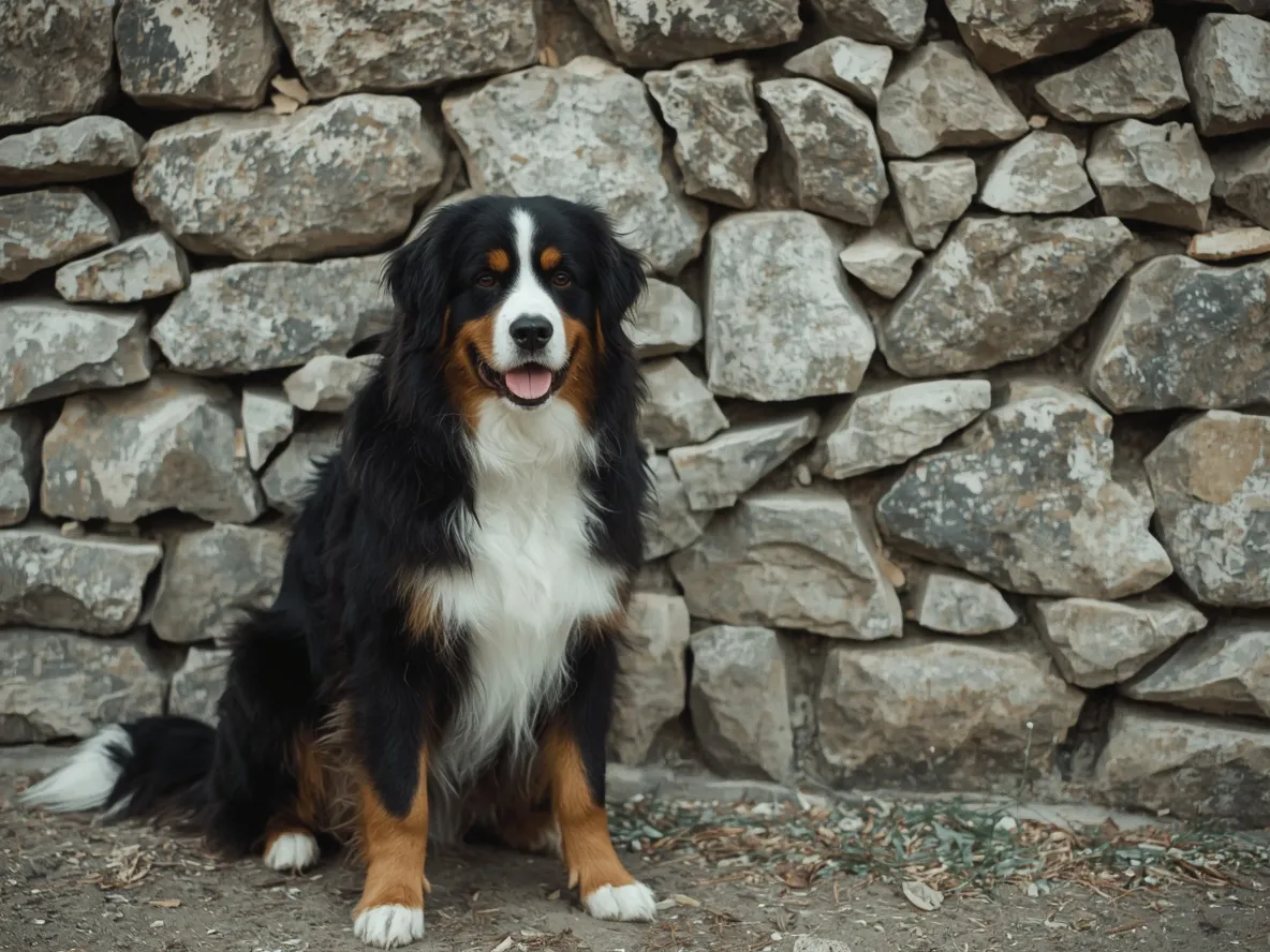 bernese mountain dog sitting near stone wall rustic outdoor setting